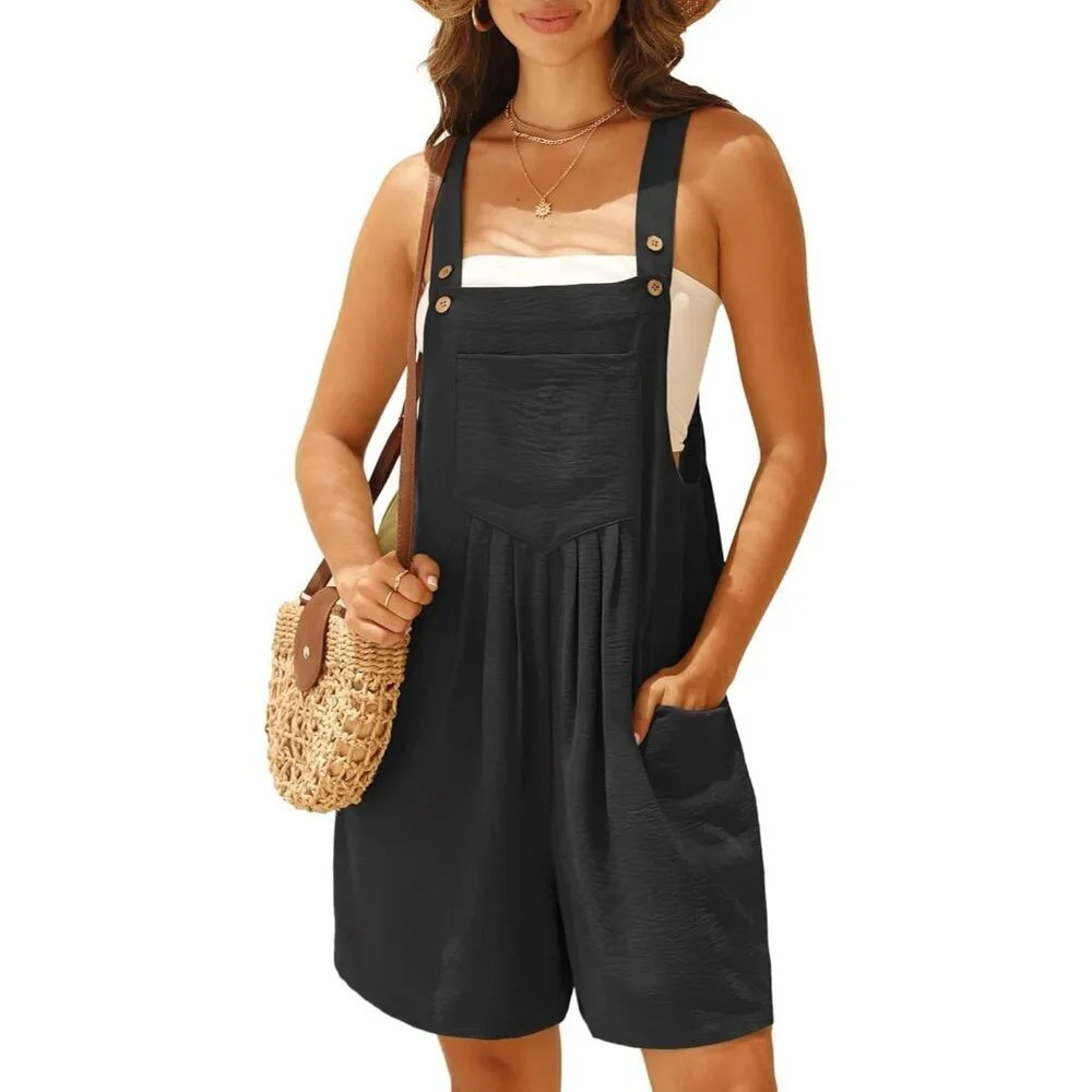 Womens Rompers Summer Wide Leg Shorts Overalls Adjustable  Strap Bib Jumpsuit